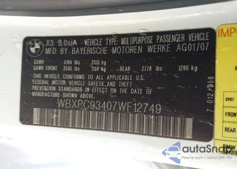 2007 BMW X3 3.0Si z USA, uszkodzony, nr VIN WBXPC93407WF12749